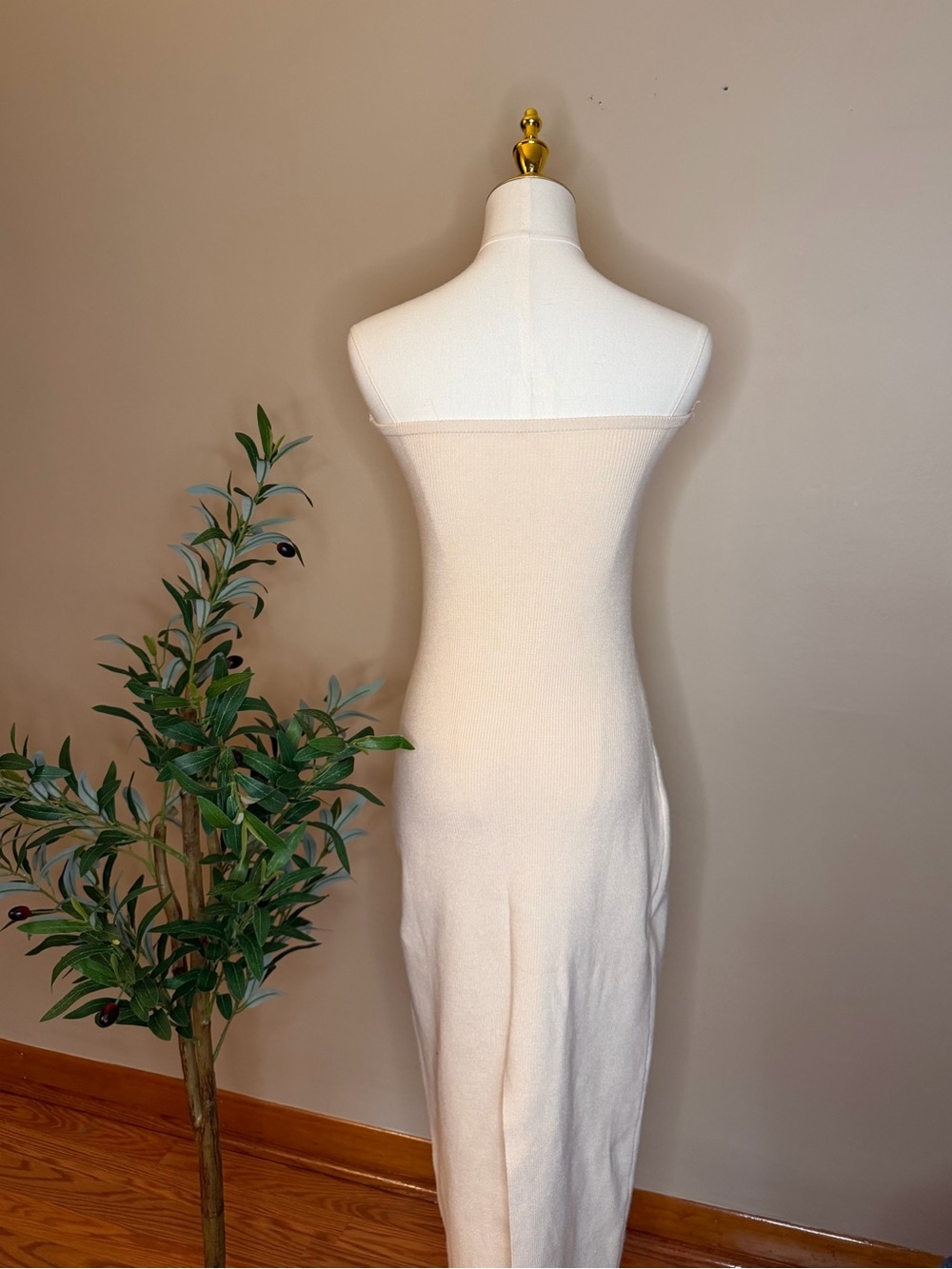 526. Strapless Twist-Front Midi Dress in Beige - Picture 3 of 3
